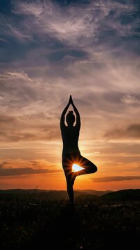 Vertical timelapse of a woman silhouette practicing yoga tree pose on a mountain hill during a vibrant sunset for wellness mindfulness and outdoor fitness motivation video content