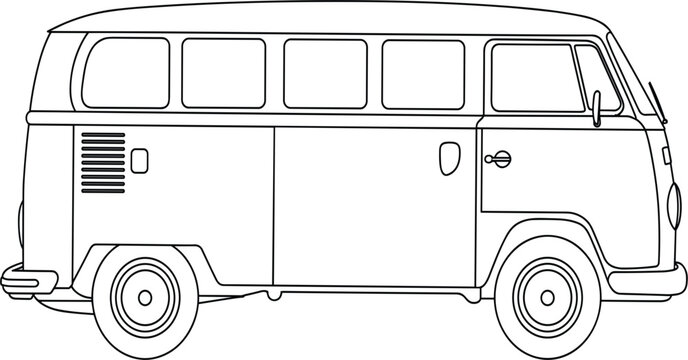 Classic retro minibus vector illustration, vintage camper van line art icon for travel and summer road trip design