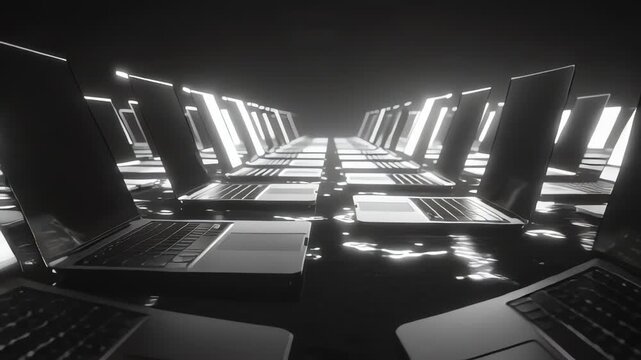 Black and white computer laboratory interior.