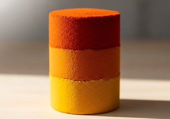 Obraz premium A vibrant cylindrical mousse cake decorated with three distinct color layers