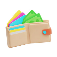 3d rendered image of a wallet with colorful cards and cash inside