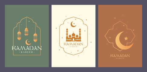 Ramadan Kareem Poster Designs with Lanterns, Crescent Moon, and Mosque in Islamic Art Style