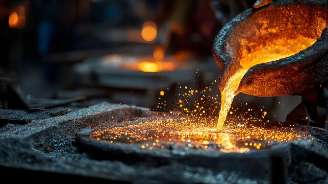 Molten metal is being poured into a mold in a foundry