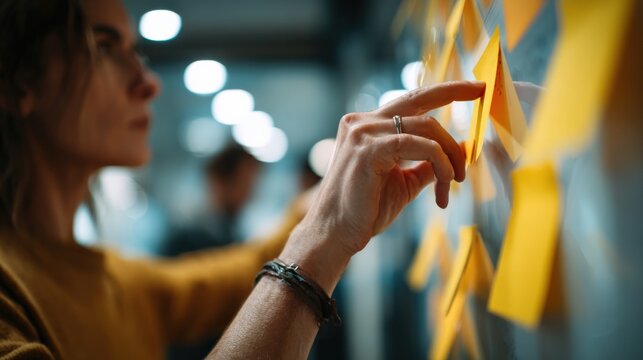 Business hands pointing at balance scale and sticky notes for decision making concept