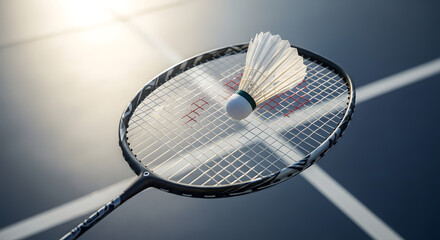 A badminton racket with a shuttlecock poised on its strings, set against the crisp lines of a sports court, embodying the spirit of play and competition in this engaging racquet sport