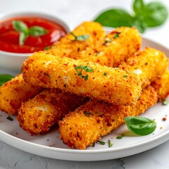 Breaded & fried cheese sticks piled on plate, with dipping sauce. Herbs sprinkled atop