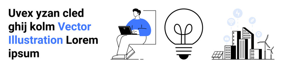 Fototapeta premium Remote work, brainstorming, sustainability, technology, innovation, urban development. Person working on laptop, lightbulb icon modern cityscape with wind turbines. Remote work and innovation