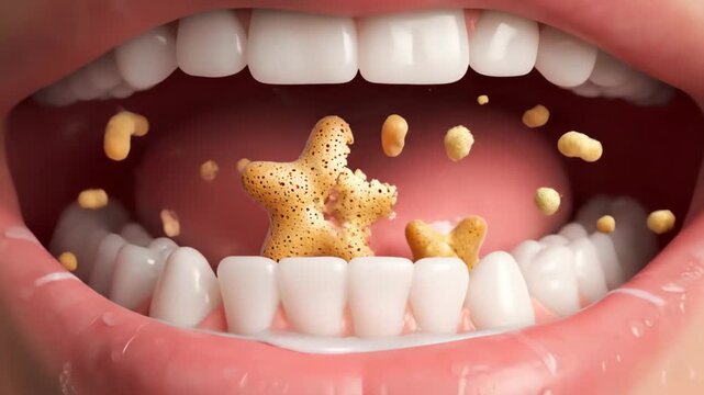 Close-up of a Mouth With a Star-Shaped Object Between the Teeth.