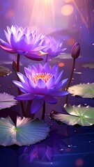Purple water lilies bloom on dark water under a sunlit sky