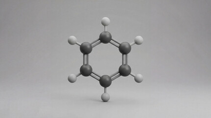 Gleaming atomic bonds reveal a benzene molecule's intricate, stable hexagonal ring structure against a pristine backdrop