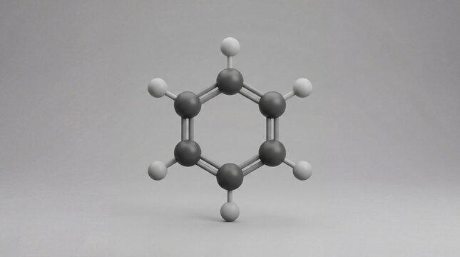 Gleaming atomic bonds reveal a benzene molecule's intricate, stable hexagonal ring structure against a pristine backdrop
