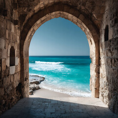 Fototapeta premium Ancient stone archway framing a breathtaking view of a turquoise ocean with gentle waves crashing on a sandy beach, clear blue sky above