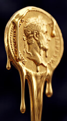 Gold coin melts and drips down from spoon, creating fluid shapes. Dark background highlights gold tones and details. Concept of art, finance, collectibles