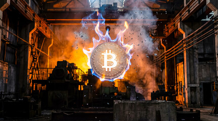 Bitcoin symbol is engulfed in flames in a dimly lit industrial area. Smoke fills the air around machinery and equipment. Concept of cryptocurrency, digital finance, technology innovation