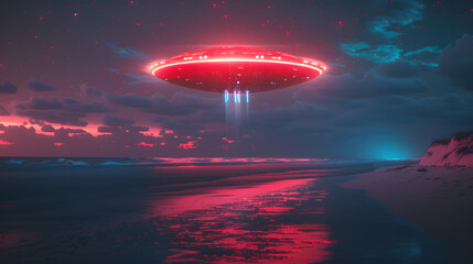 Red glowing UFO reflecting on dark water