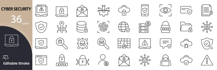Cyber Security icon set. Digital protection and data safety related line icons: firewall, lock, hacker, password, encryption, malware, antivirus, and network. Editable stroke.  © khansa
