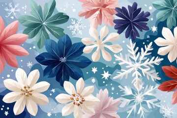 Obraz premium Colorful floral and snowflake illustration on blue background for winter decor and festive themes