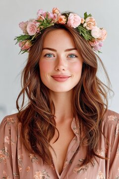 Young Woman Wearing a Spring Floral Crown with Soft Pink Dress for Natural Beauty Portrait