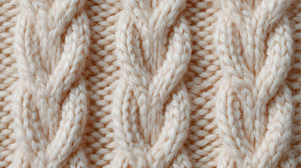 Cream knitted wool fabric background detail. Sweater textile texture pattern full frame. Close up cloth material for winter, fashion, and handicraft concept.