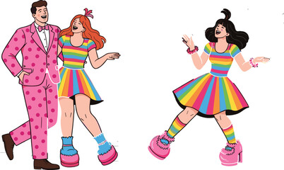 Diverse Happy People Wearing Colorful Rainbow Striped Outfits and Pink Polka Dot Suit Celebrating with Joyful Expressions and Fun Fashion