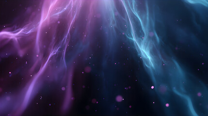 Abstract cosmic space background with blue purple light and dust particles. Ethereal energy with floating bokeh for science or technology concept.
