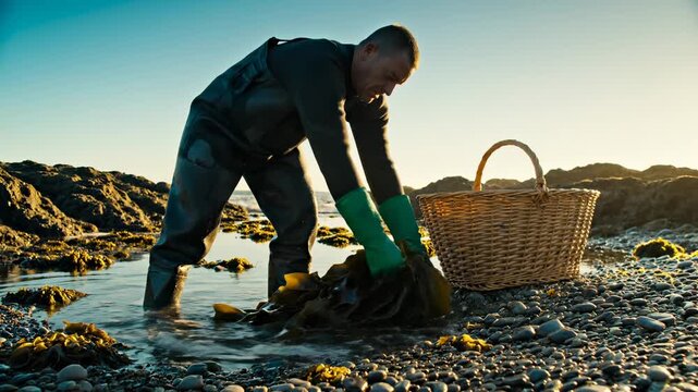Fisherman harvests seaweed on rocky coast at sunrise. Man collects kelp with basket near ocean. Fisherman gathering seaweed for harvest. Marine farming on coast with kelp collection at shore.