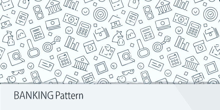 Detailed banking and finance related icons in a seamless pattern