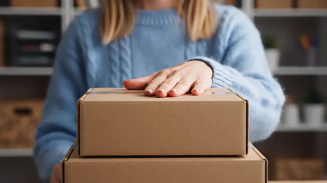 Woman in blue sweater placing hand on top of stacked brown cardboard boxes in office setting.