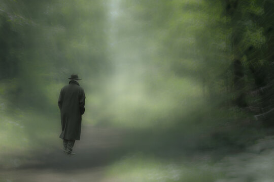 ICM of an amazing atmosphere moods with an old man walking in the green forest