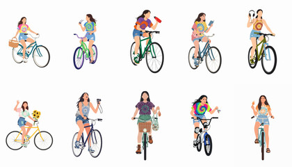 Naklejka premium Diverse group of young women cycling in tie-dye shirts and denim shorts, depicting summer leisure, individuality, and carefree urban lifestyle.