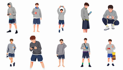 Set of 10 young male gamer characters in casual clothing engaging in digital entertainment, leisure, and relaxation. © Sri