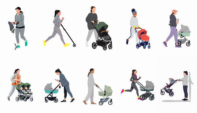 Diverse mothers engaging in various activities like jogging and walking while pushing modern baby strollers and prams.