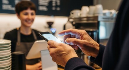 Hands of customer using smartphone for contactless payment at coffee shop counter with blurred barista. Close up of mobile screen and fingers tapping for quick digital transaction.