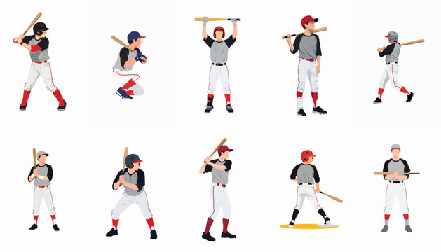 Collection of vector illustrations depicting baseball players in various batting and fielding poses, isolated on a white background.