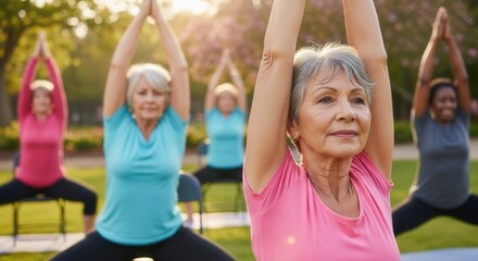Obraz premium Active senior women practicing yoga outdoors in sunny park raising hands in prayer position doing chair yoga exercise for flexibility and strength healthy aging and longevity concept