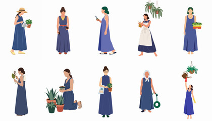 Flat vector illustrations of women engaged in various plant care and indoor gardening activities like watering, potting, and pruning. © Sri