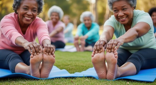Senior African American women in group yoga class doing stretching exercises on mats in sunny park. Active retirement, fitness for seniors, and healthy lifestyle community concept.