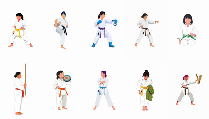 Fototapeta premium Female Martial Artists Collection: Vector illustrations showing diverse women and girls practicing Karate and various disciplines with different belt ranks and equipment.