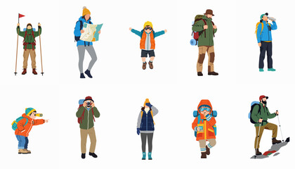 Fototapeta premium Flat vector set of diverse people hiking, trekking, and exploring the outdoors, featuring adventurers, families, and children with essential gear on white.
