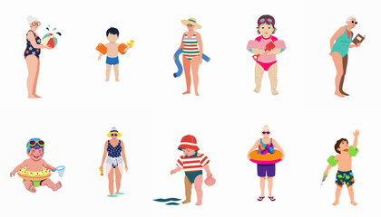 Multi-generational family enjoying summer vacation with beach activities, swimming, and sun protection in colorful vector illustrations.