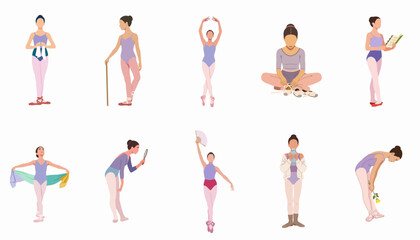 Vector set of female ballet dancer activities including rehearsal, warm-up, pointe shoe maintenance, resting, and performance poses on white background.