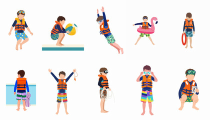 Illustrations of a young boy wearing a life jacket engaging in various water safety and swimming pool activities, holding gear and preparing to dive.