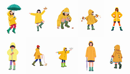 Naklejka premium A Collection of Illustrated Young People in Yellow Raincoats and Rubber Boots Enjoying Various Rainy Day and Outdoor Activities, Isolated on White.