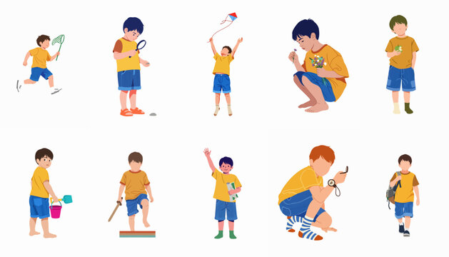 Collection of Young Boys Playing Outdoors, Engaging in Various Summer Activities like Flying Kites, Exploring with a Magnifying Glass, and Adventuring.