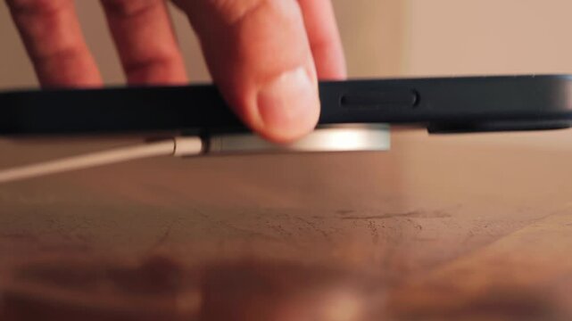 Wireless charging smartphone. Close-up of mobile phone charging with charging. High quality 4k footage
