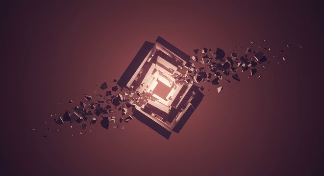 A surreal vision of impossible geometry, showing a fragmented and warped perspective of a collapsing dimensional tunnel with high contrast light ,fractal ,flux ,twisting