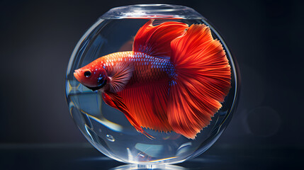 Red betta fish swimming inside glass bowl