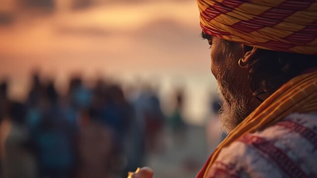 Man playing conch shell outdoors India.