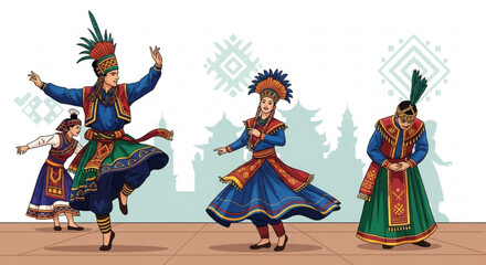 Obraz premium Traditional dancers in colorful ethnic costumes performing a folk dance cultural celebration illustration for festivals and events isolated on white ba