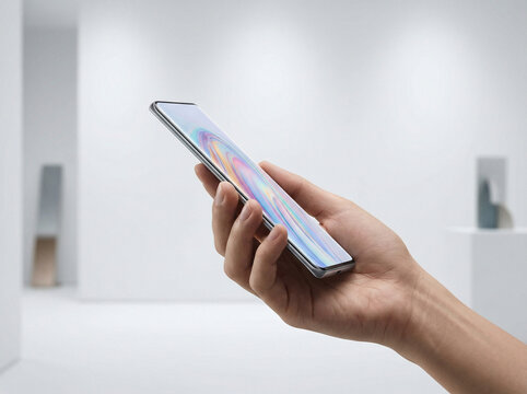 Dłoń trzymająca ultracienki smartfon na tle minimalistycznej, białej ściany ekspozycyjnej